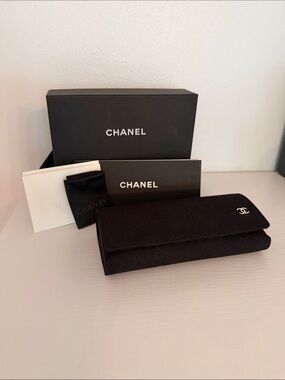 CHANEL Black Quilted Long Flap Sunglass case Silver CC Emblem box Cloth fabric